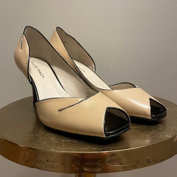 Nude Leather 8 Ellen Tracy Raleigh Pumps | Black Trim, Peep Toe Heels, NWOB $200 - Picture 4 of 12